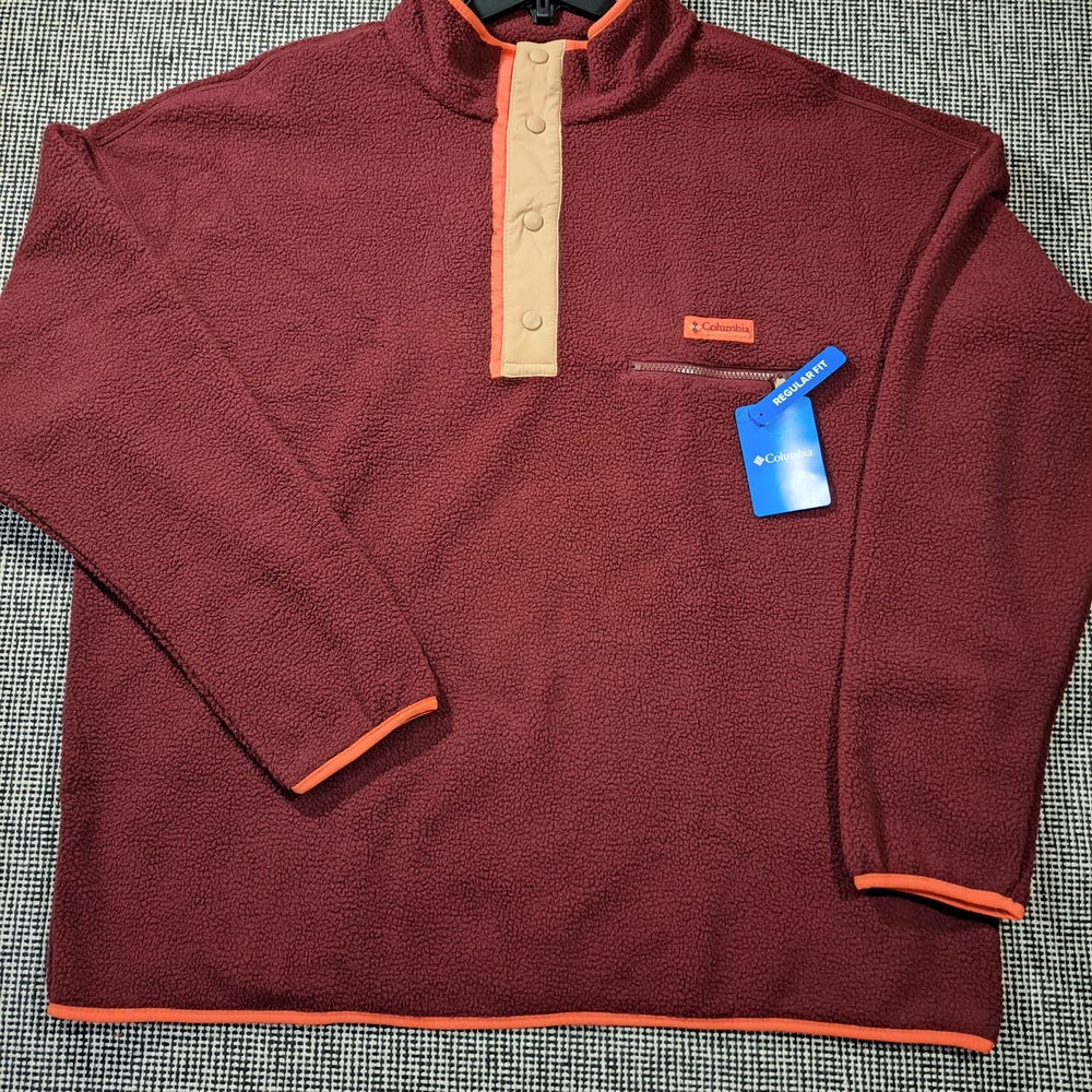 Columbia Men's Helvetia II Half Snap  Burgundy Fleece Pullover with Orange Trim